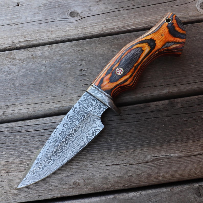 Damascus Steel Fixed Blade Knife - Collectible Hunting Camping Knife Fire Glow Pakkawood Handle Sheath Included