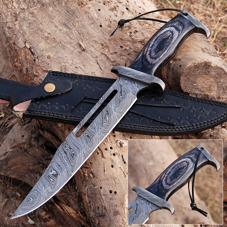 Damascus Steel Clip Point Bowie Hunting Knife With Leather Sheath