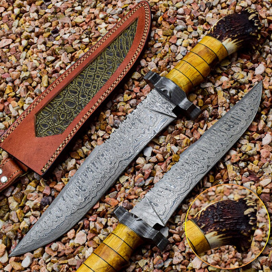 Stag Antlers Crown Handle Handmade Damascus Steel Knife with Free Leather Sheath