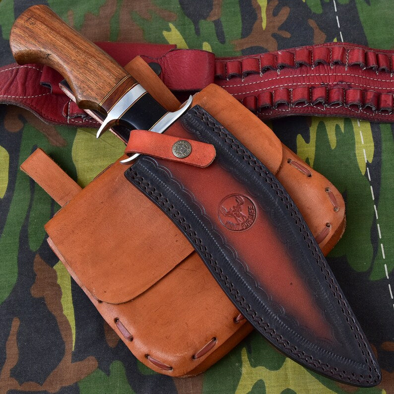 Stainless Steel Drop Point Outdoor Hunting Knife With Leather Sheath