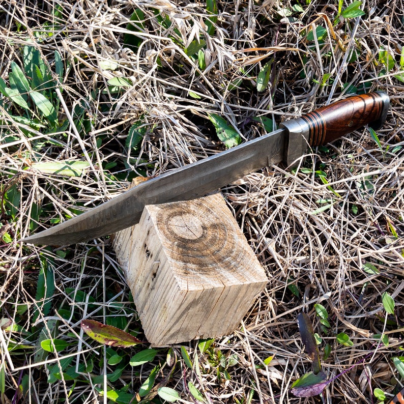 Damascus Steel Outdoor Knife - Collectible Bowie Hunting Knife with Leather Sheath