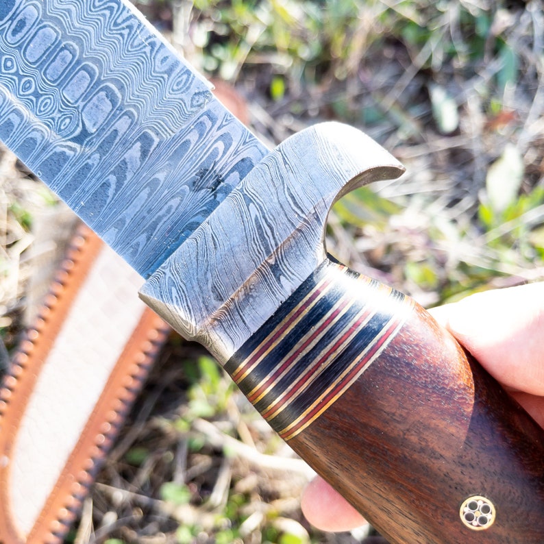 Damascus Steel Outdoor Knife - Collectible Bowie Hunting Knife with Leather Sheath