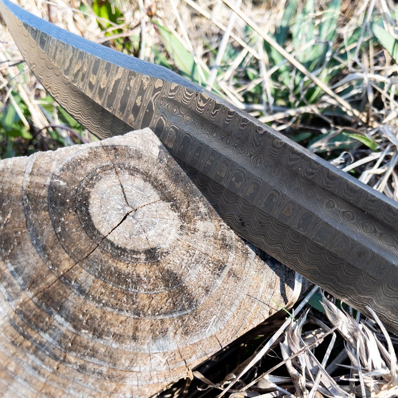 Damascus Steel Outdoor Knife - Collectible Bowie Hunting Knife with Leather Sheath