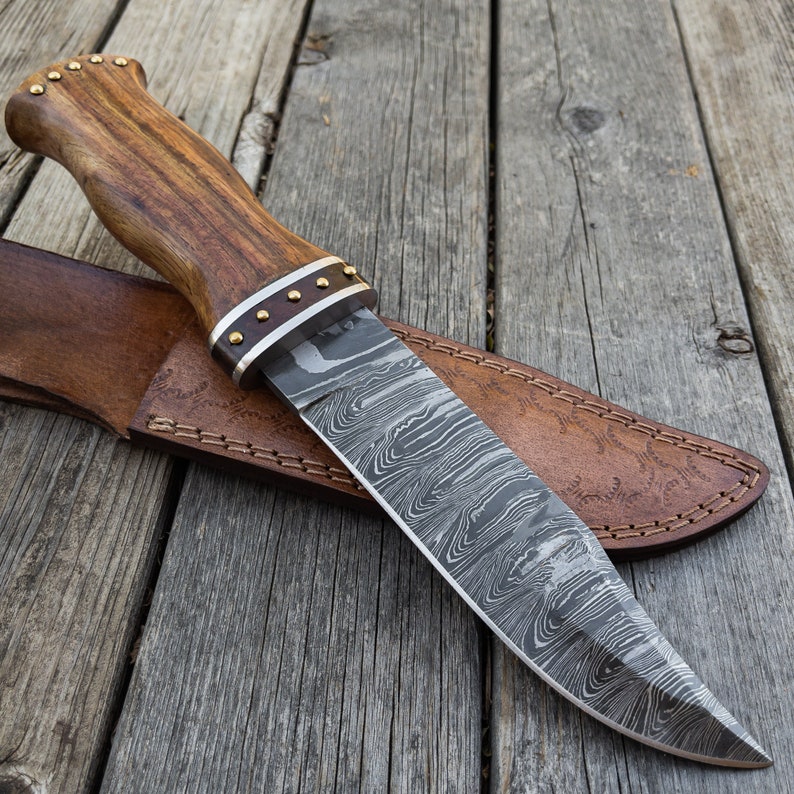 Seas Viking Inspired Outdoor Knife - Forged Damascus Steel Medieval Collectible Clip Point Hunting Knife w/ Genuine Leather Sheath