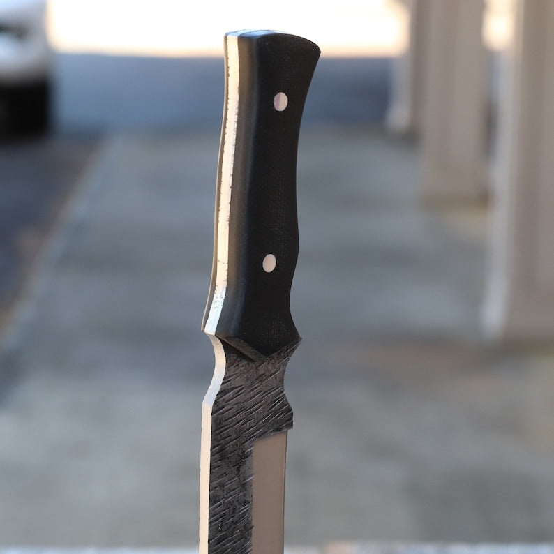 Bowie Hunting Knife - Forged Full Tang Outdoor Knife w/ Hand Tooled Leather Sheath | Black Micarta Handle | Large