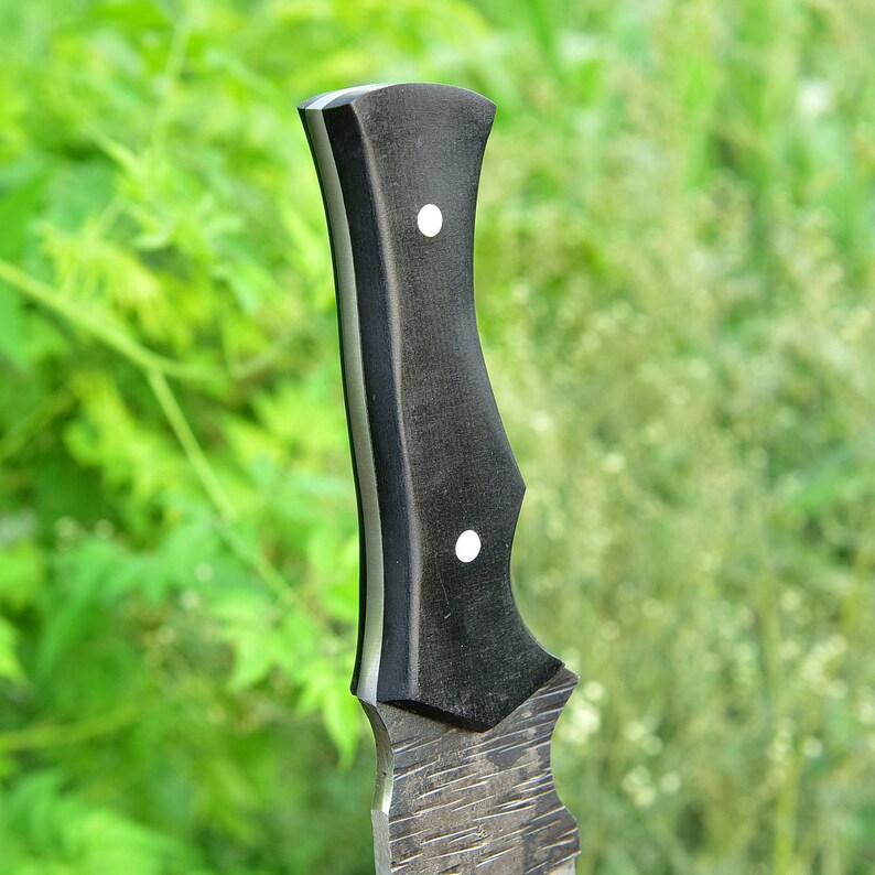 Bowie Hunting Knife - Forged Full Tang Outdoor Knife w/ Hand Tooled Leather Sheath | Black Micarta Handle | Large