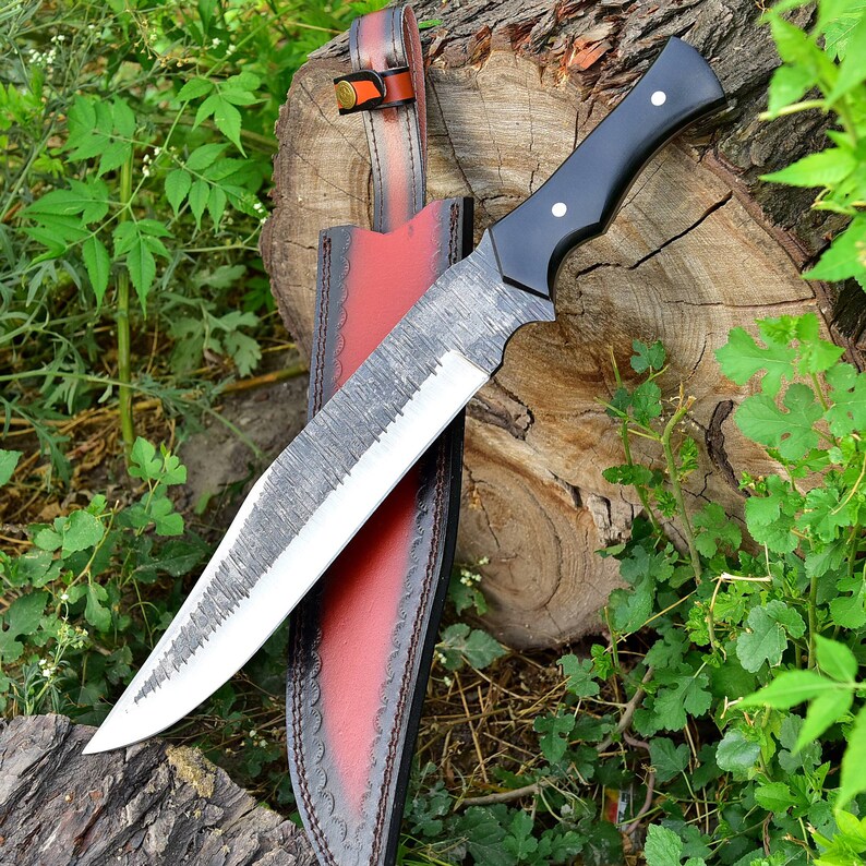 Bowie Hunting Knife - Forged Full Tang Outdoor Knife w/ Hand Tooled Leather Sheath | Black Micarta Handle | Large