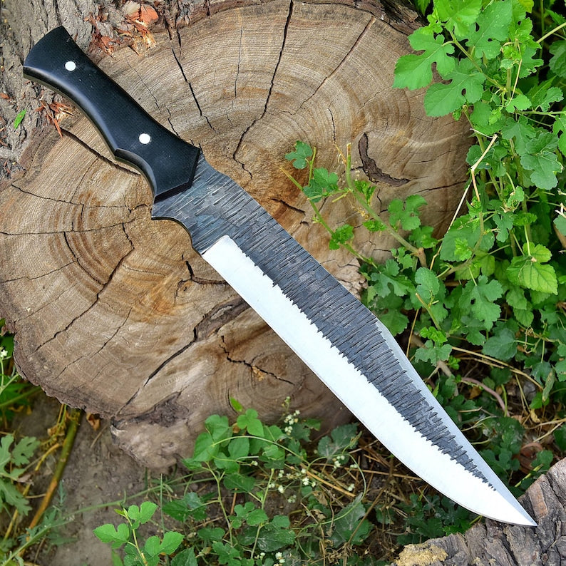 Bowie Hunting Knife - Forged Full Tang Outdoor Knife w/ Hand Tooled Leather Sheath | Black Micarta Handle | Large