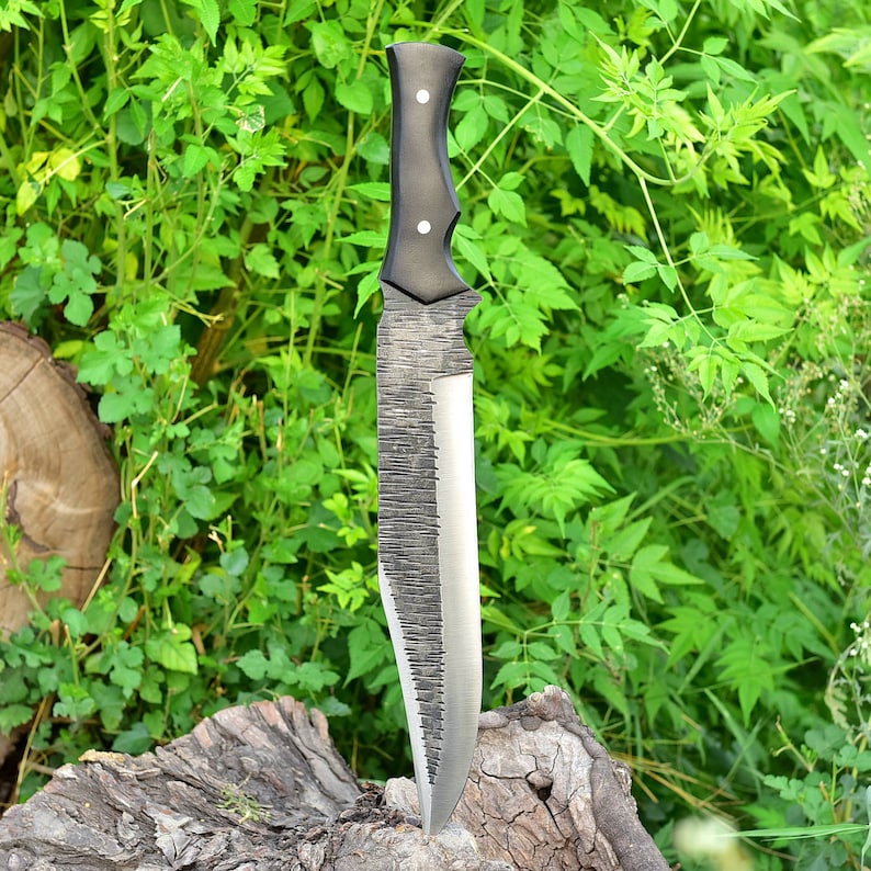 Bowie Hunting Knife - Forged Full Tang Outdoor Knife w/ Hand Tooled Leather Sheath | Black Micarta Handle | Large