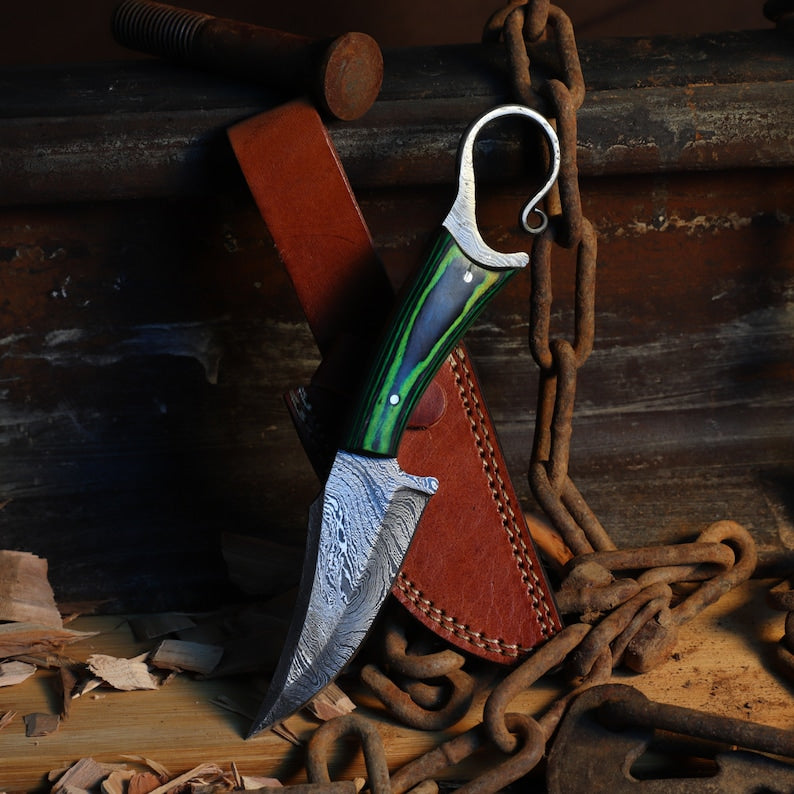 Functional Full Tang Damascus Sharpened Trailing Point Blade w/ Finger Hole - Green Handle
