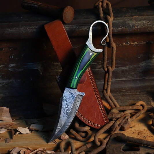 Functional Full Tang Damascus Sharpened Trailing Point Blade w/ Finger Hole - Green Handle