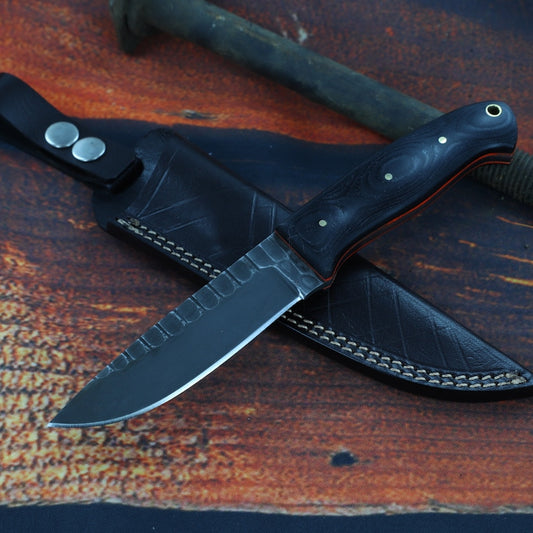 Fixed Blade Hunting Knife - Heavy Duty J2 Steel Sharpened Scalloped Full Tang Blade G10 Handle w/ Lanyard Hole