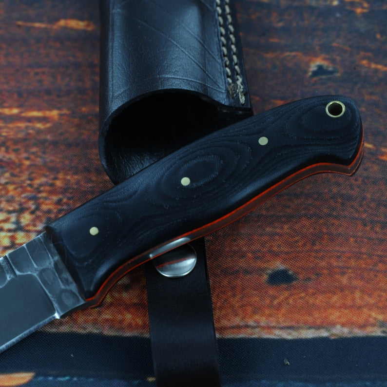 Fixed Blade Hunting Knife - Heavy Duty J2 Steel Sharpened Scalloped Full Tang Blade G10 Handle w/ Lanyard Hole
