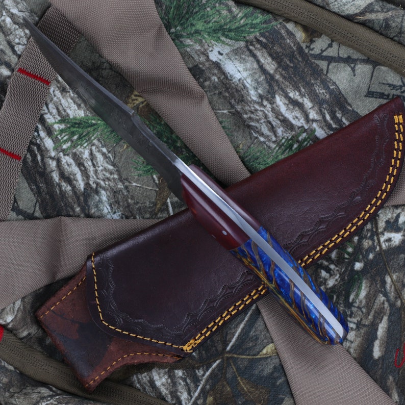Damascus Hunting Knife | Full Tang Functional Camping Hiking Fishing S Curve Blade w/ Contoured Unique Blue Handle