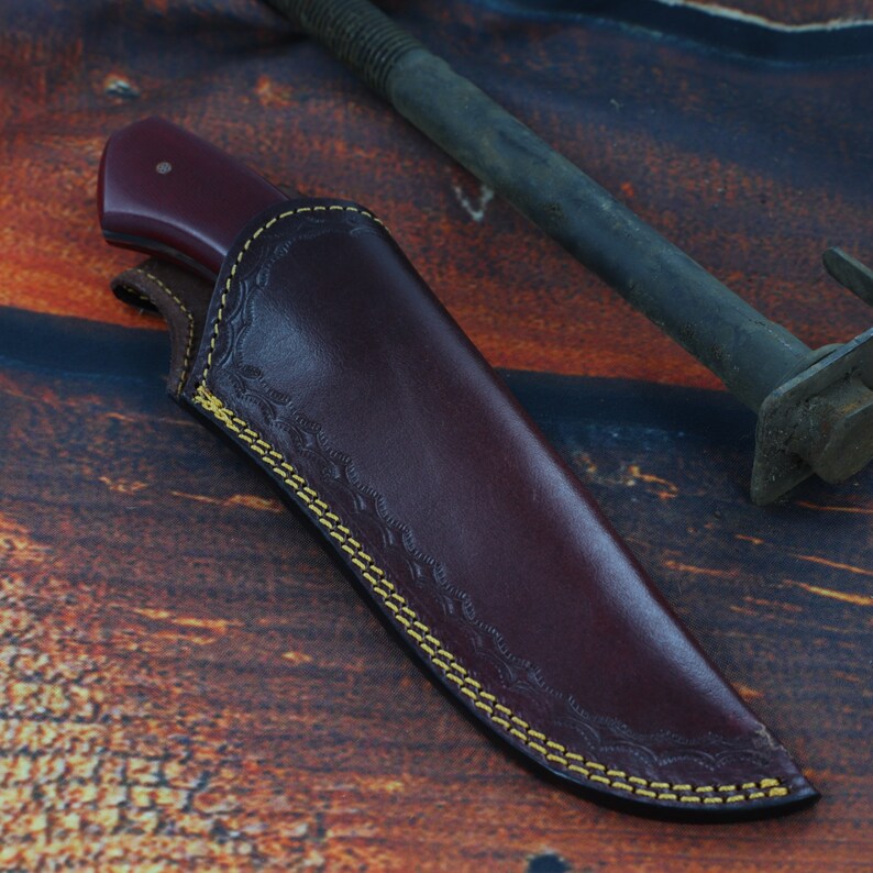 Damascus Hunting Knife | Full Tang Functional Hiking Camping Fishing S Curve Blade w/ Contoured Red Handle