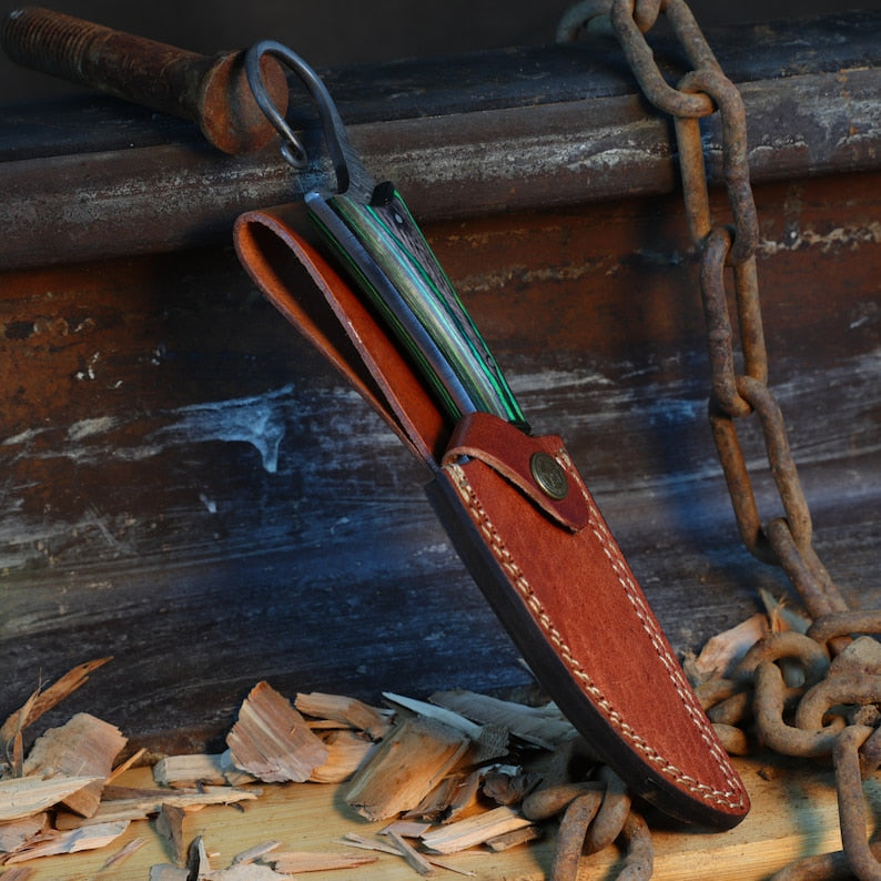 Functional Full Tang Damascus Sharpened Trailing Point Blade w/ Finger Hole - Green Handle