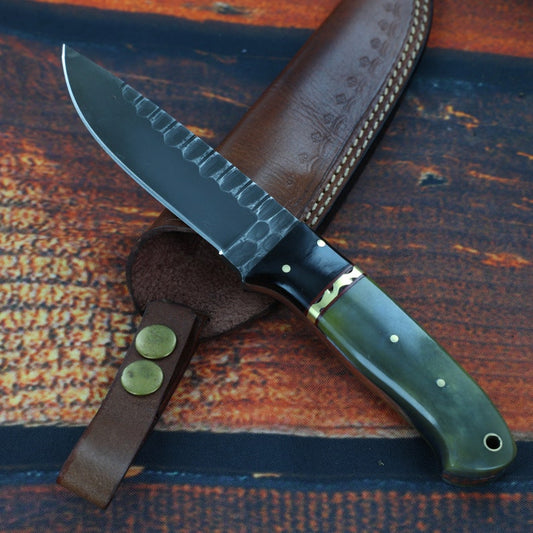 Fixed Blade Hunting Knife - Heavy Duty J2 Steel Sharpened Scalloped Texture Full Tang Blade Bone Handle w/ Lanyard Hole