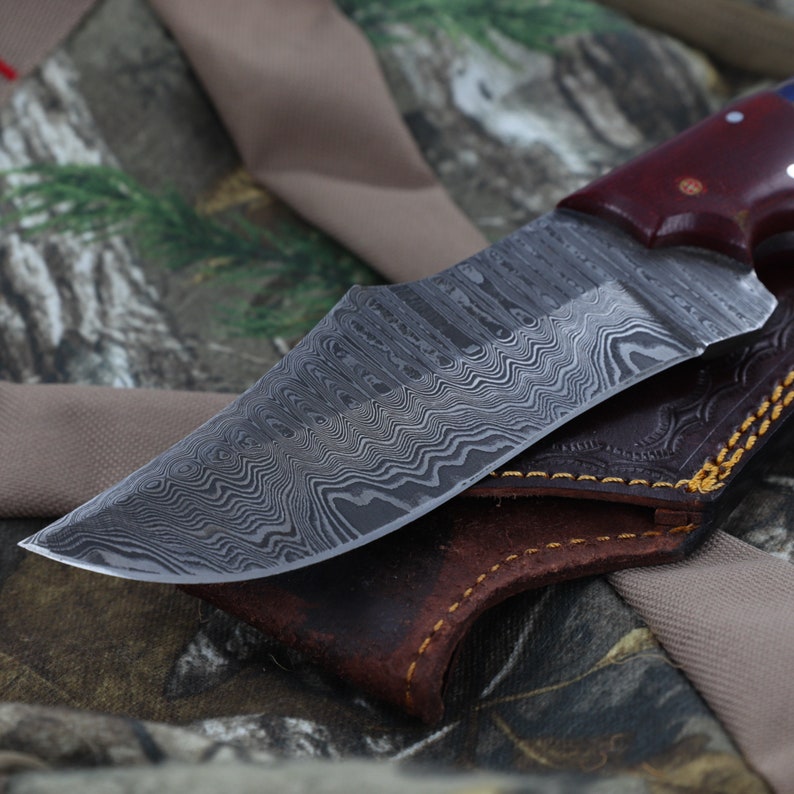 Damascus Hunting Knife | Full Tang Functional Camping Hiking Fishing S Curve Blade w/ Contoured Unique Blue Handle