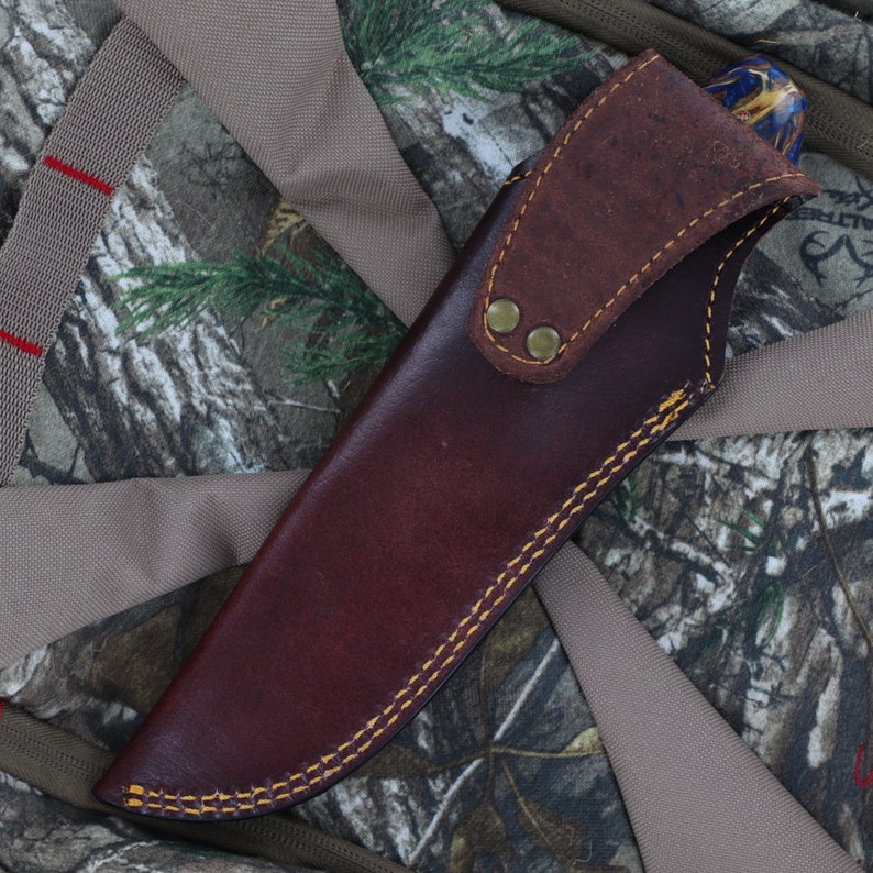 Damascus Hunting Knife | Full Tang Functional Camping Hiking Fishing S Curve Blade w/ Contoured Unique Blue Handle