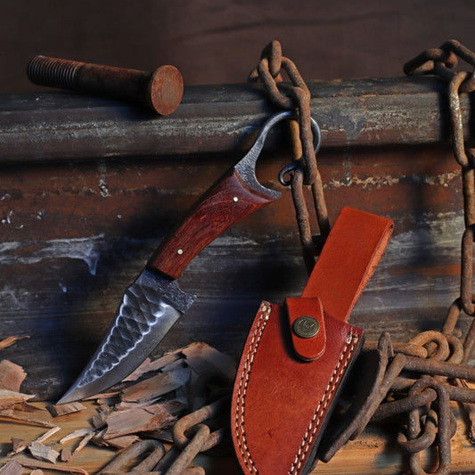 Hunting Knife | Functional Full Tang High Carbon Steel Sharpened Trailing Point Blade w/ Finger Hole - Brown Handle