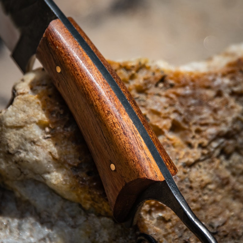 Hunting Knife | Functional Full Tang High Carbon Steel Sharpened Trailing Point Blade w/ Finger Hole - Brown Handle