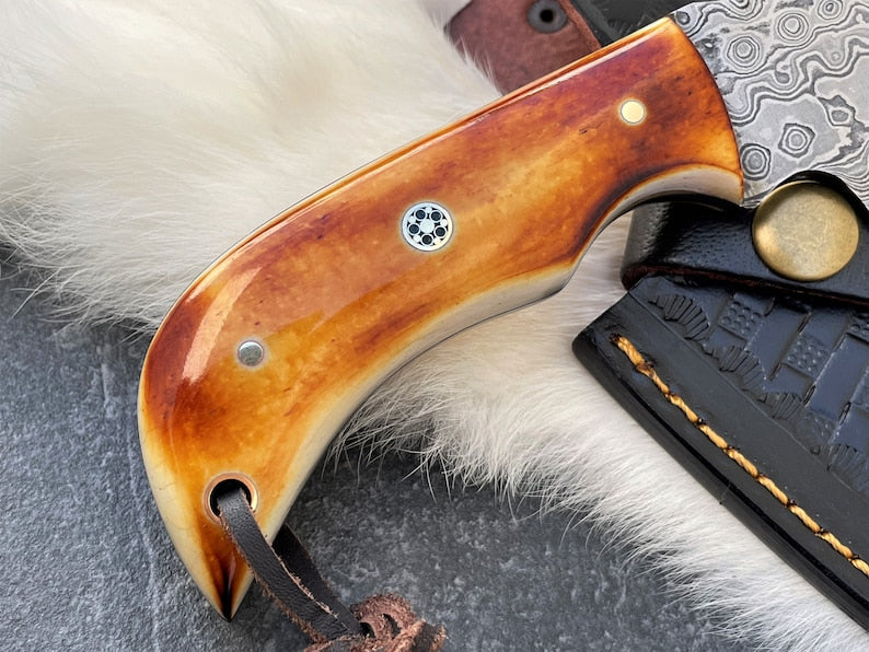 Custom Handmade Damascus Steel Gut Hook Skinner Knife With Leather Sheath