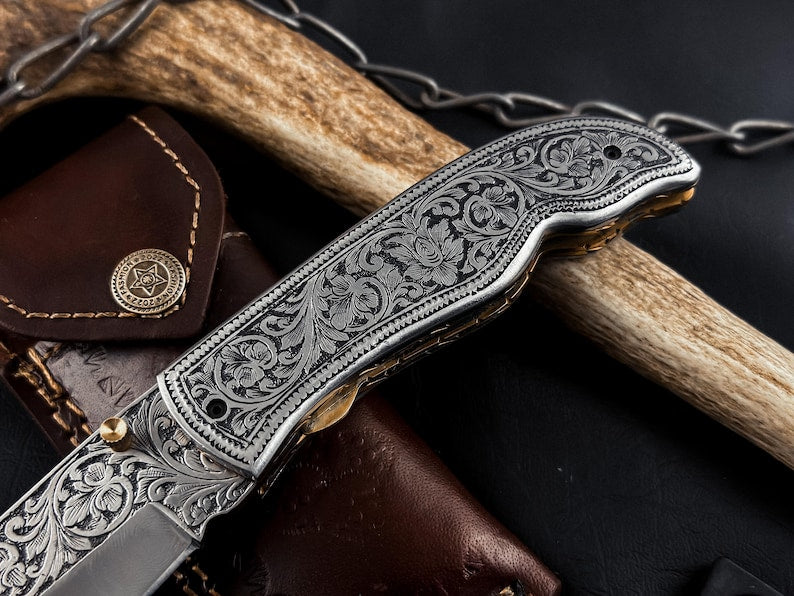 Hand Engraved D2 Steel Folding knife, Handmade Pocket Knife, Camping Knife, Hunting Knife, Anniversary Gift, Best Gift For Him EDC Knife.