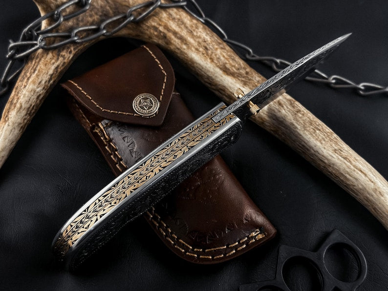 Hand Engraved D2 Steel Folding knife, Handmade Pocket Knife, Camping Knife, Hunting Knife, Anniversary Gift, Best Gift For Him EDC Knife.