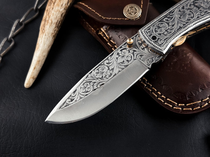 Hand Engraved D2 Steel Folding knife, Handmade Pocket Knife, Camping Knife, Hunting Knife, Anniversary Gift, Best Gift For Him EDC Knife.