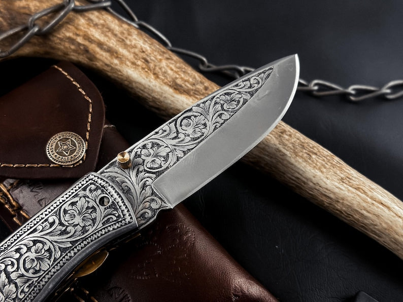 Hand Engraved D2 Steel Folding knife, Handmade Pocket Knife, Camping Knife, Hunting Knife, Anniversary Gift, Best Gift For Him EDC Knife.