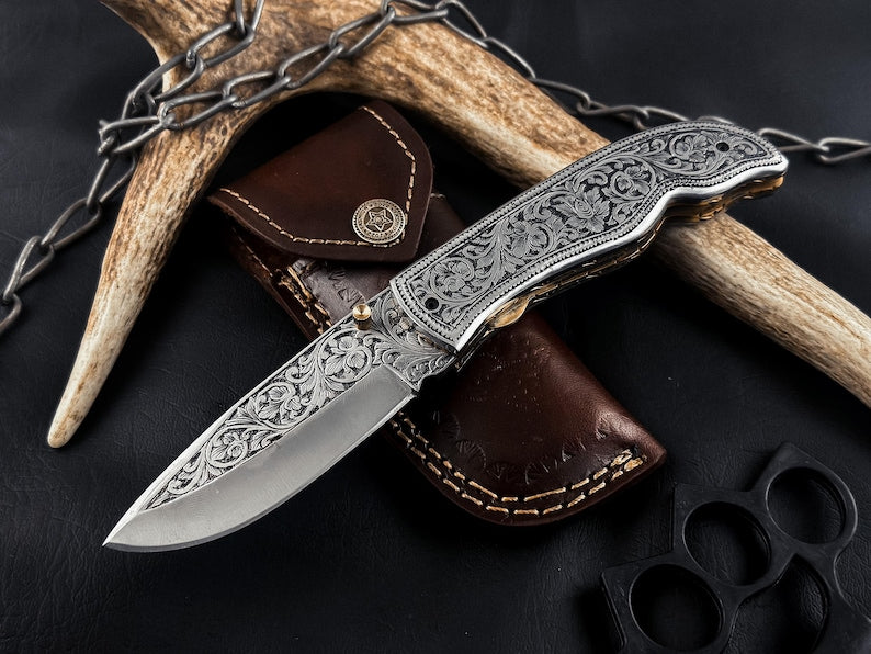 Hand Engraved D2 Steel Folding knife, Handmade Pocket Knife, Camping Knife, Hunting Knife, Anniversary Gift, Best Gift For Him EDC Knife.