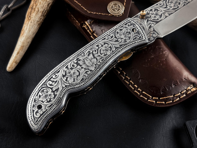 Hand Engraved D2 Steel Folding knife, Handmade Pocket Knife, Camping Knife, Hunting Knife, Anniversary Gift, Best Gift For Him EDC Knife.