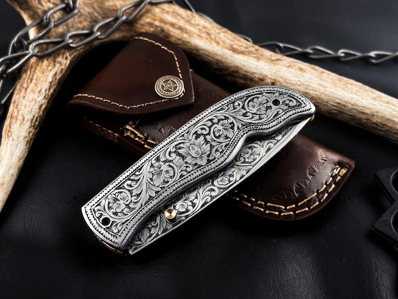 Hand Engraved D2 Steel Folding knife, Handmade Pocket Knife, Camping Knife, Hunting Knife, Anniversary Gift, Best Gift For Him EDC Knife.