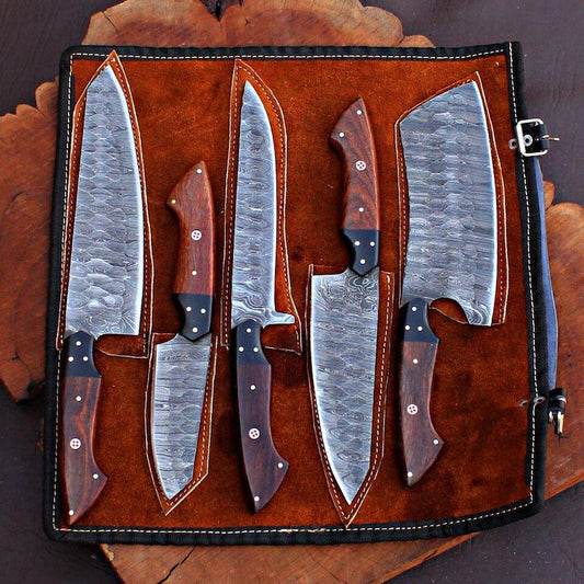 Custom Handmade Damascus Steel Chef Set With Leather Roll Kit