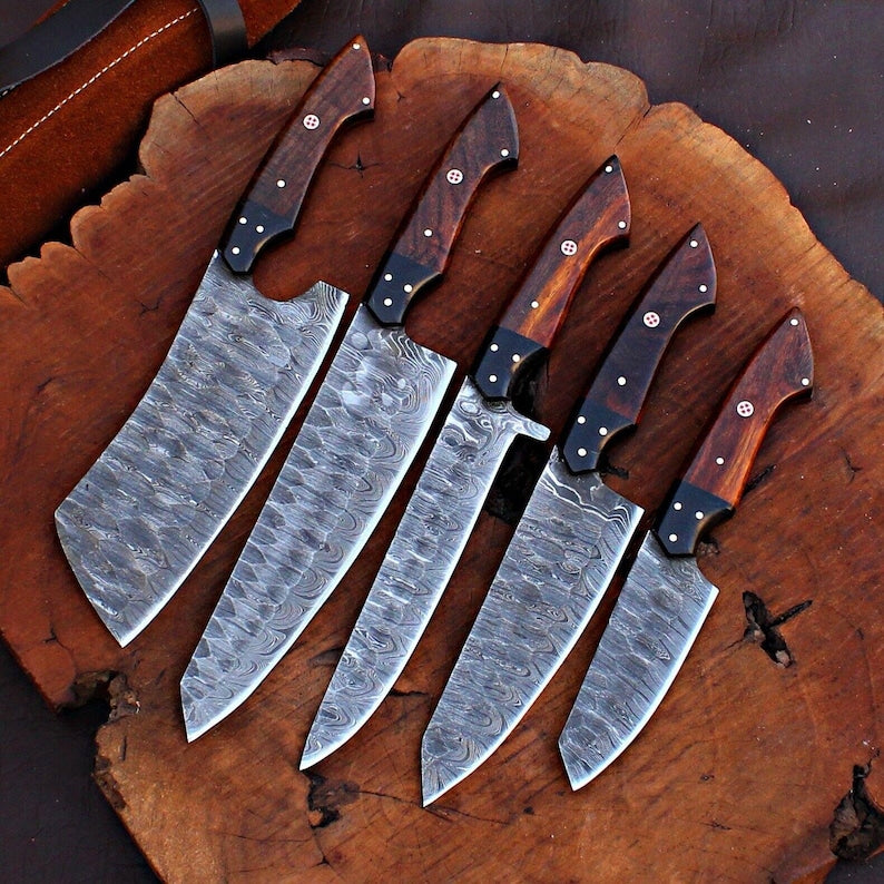 Custom Handmade Damascus Steel Chef Set With Leather Roll Kit
