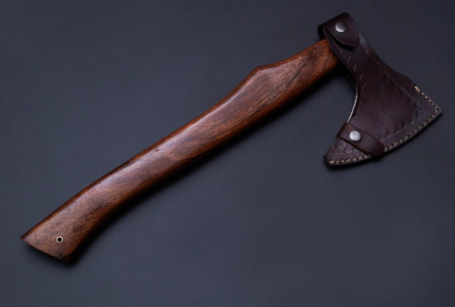 Custom Handmade Damascus Steel Axe with Rosewood Handle and Leather Sheath
