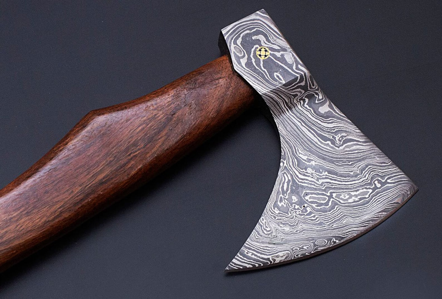 Custom Handmade Damascus Steel Axe with Rosewood Handle and Leather Sheath