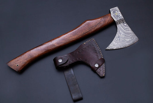 Custom Handmade Damascus Steel Axe with Rosewood Handle and Leather Sheath