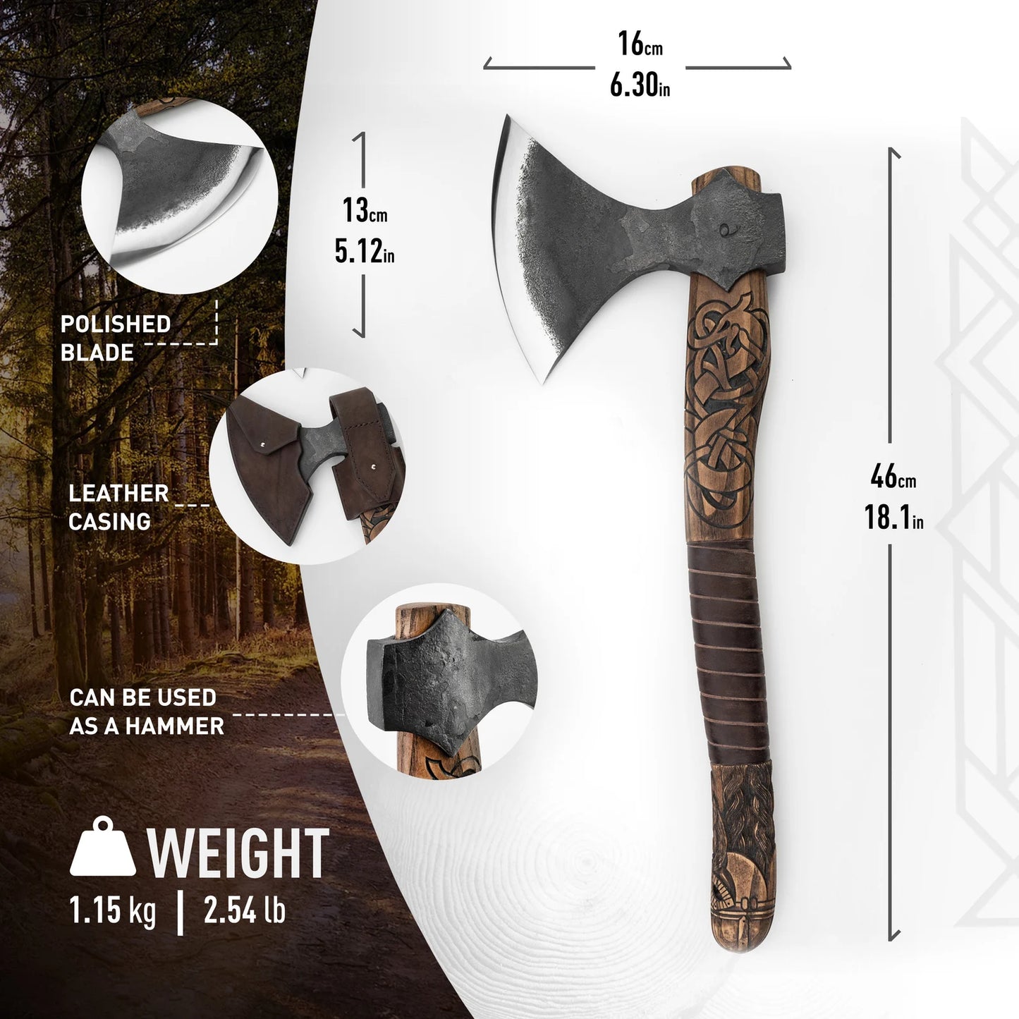 Baltoslavic Viking Axe with Hand Forged Cutting Edge, Carved Handle and Leather Wrapping