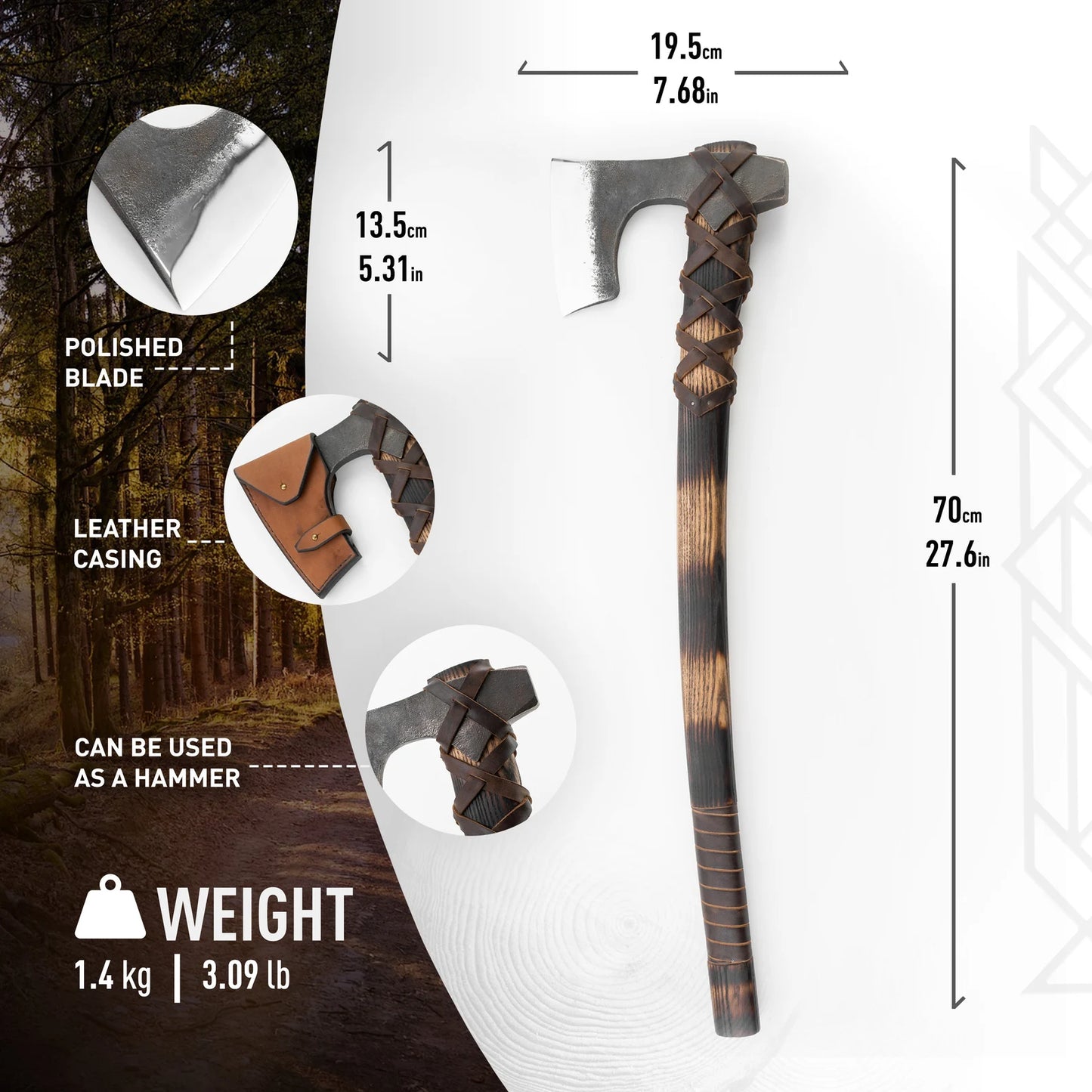 Viking Bearded Axe with Hammer - 27'' Long Shaft with Leather Wrapping and Sheath