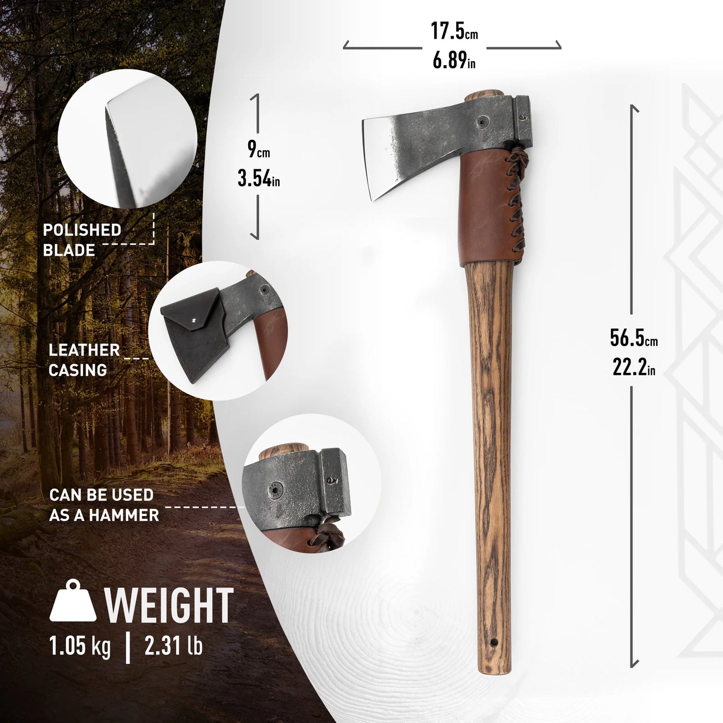 22.2'' Custom Hand-Forged Axe with Fixed Head, Hammer and Leather Case
