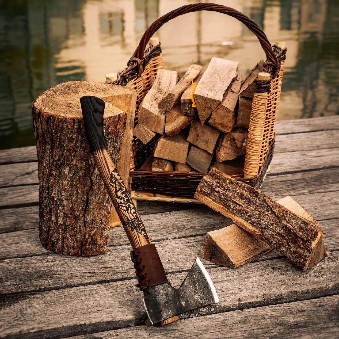 Middle Bushcraft Axe with Carvings on Handle and Leather Case - Hand Forged Camping Axe, Bushcraft Hatchet, Forest Axe for Hiking