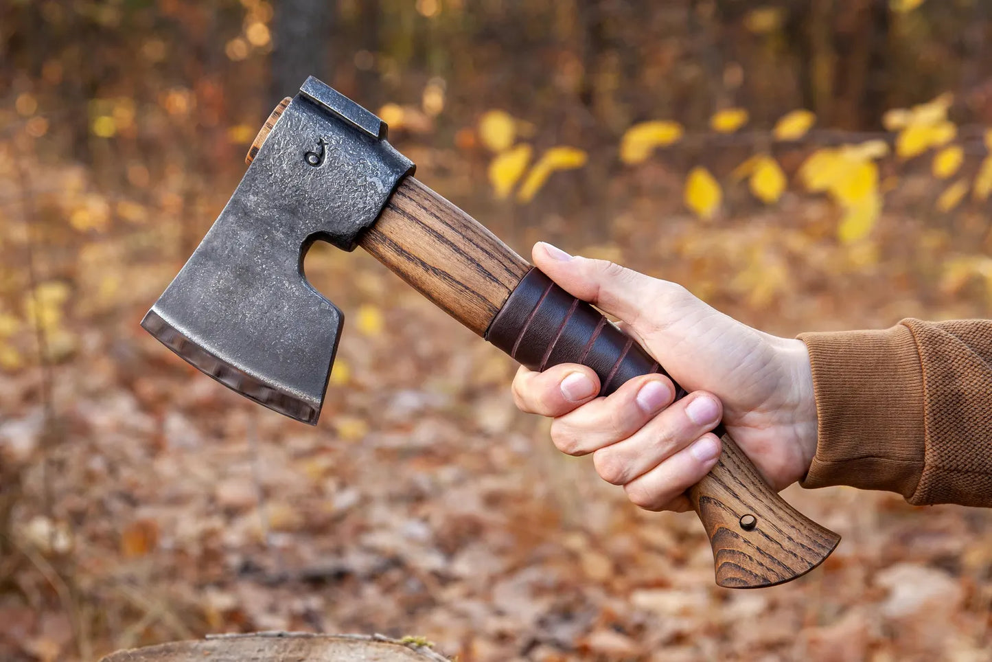 Small Bearded Finnish Axe with Short Handle and Leather, Scandinavian Axe, Bearded Axe