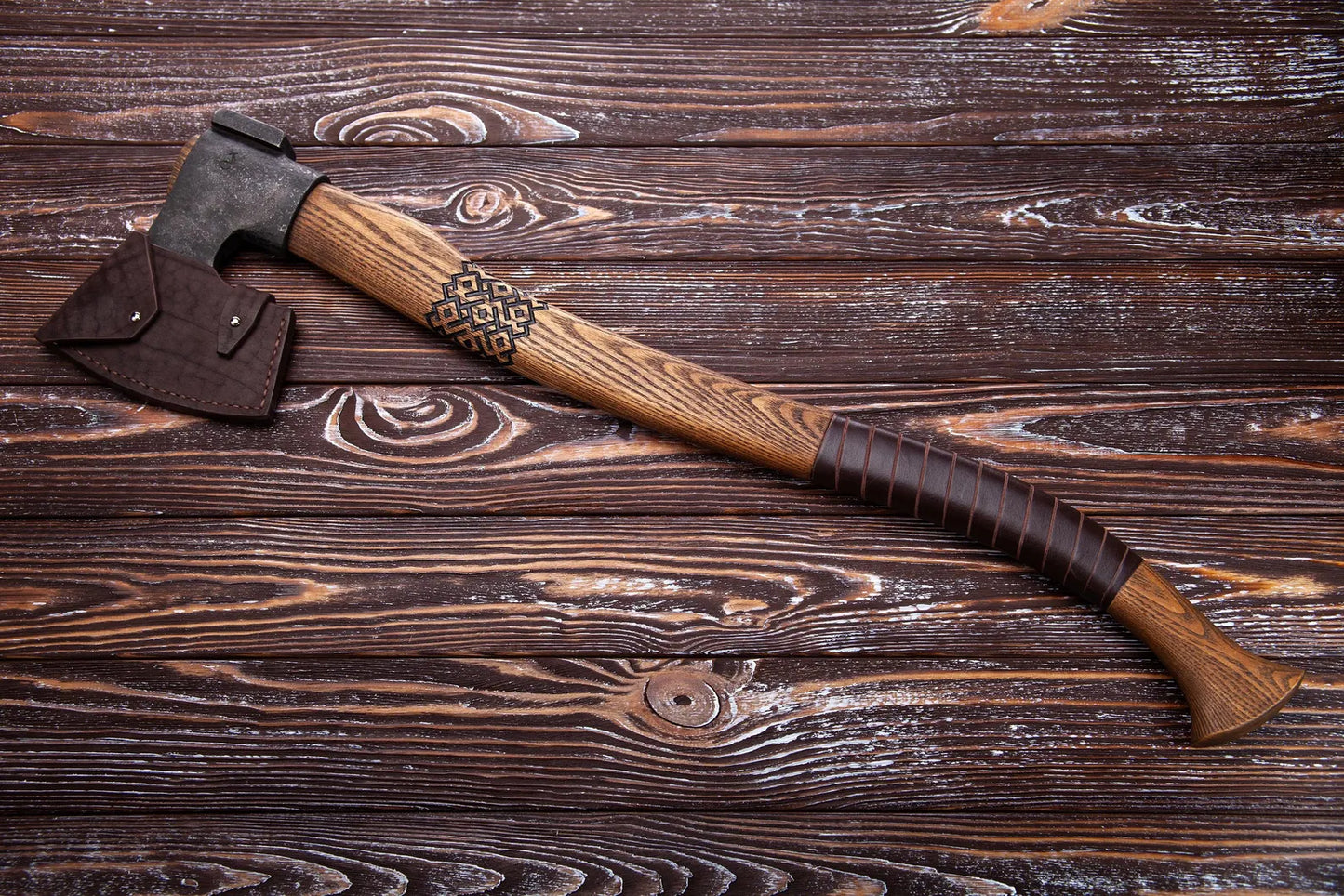 Hand Forged Bushcraft Axe with Carvings - Camping Axe for Splitting with Carved Ukrainian Patterns and Leather Handle Wrapping