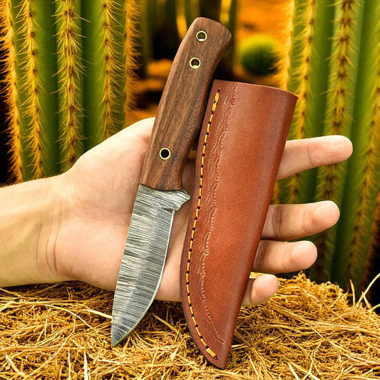 Handmade Damascus Steel Skinner Knife Wood Natural Wood With Leather Sheath