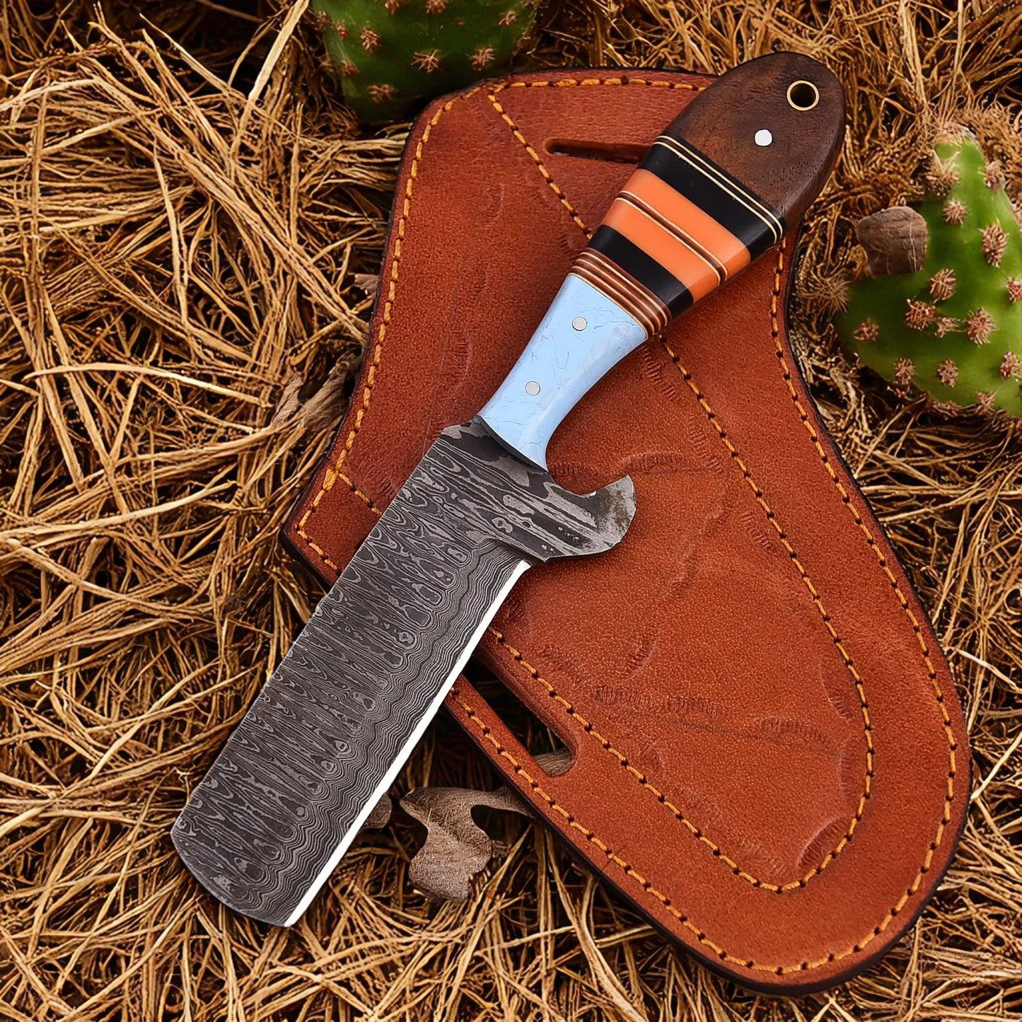 Custom Handmade Damascus Steel Cowboy Bull Cutter Knife With Pancake Leather Sheath