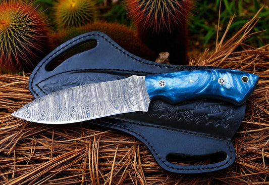 Custom Hand Forged Damascus Steel Skinner Knife With Pancake Leather Sheath