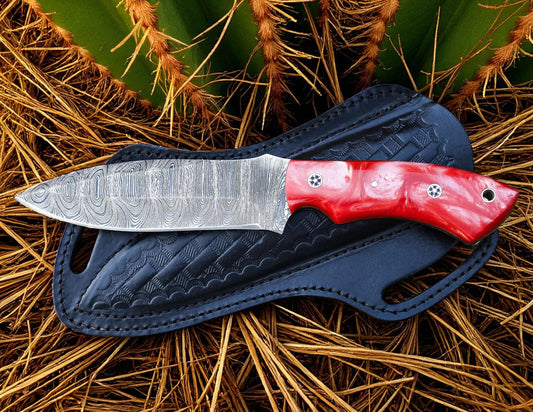 Custom Hand Forged Damascus Steel Skinner Knife With Pancake Leather Pouch