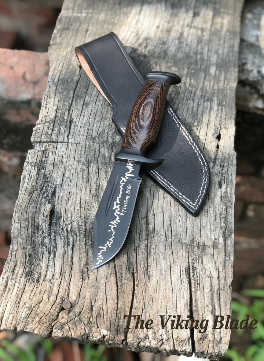 Handmade Stainless Steel Fixed Blade Knife · 10" Overall · Wenge Wood Handle · Full Tang Design · Black Coated Blade · Leather Sheath Included