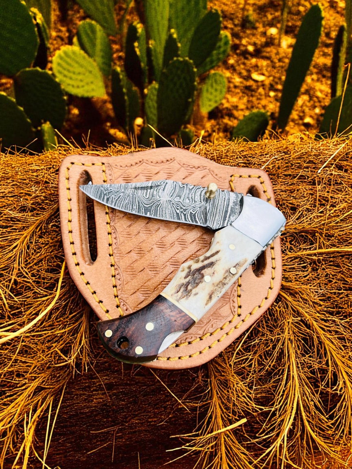 Custom Handmade Damascus Steel Folding Pocket EDC Knife With Leather Sheath